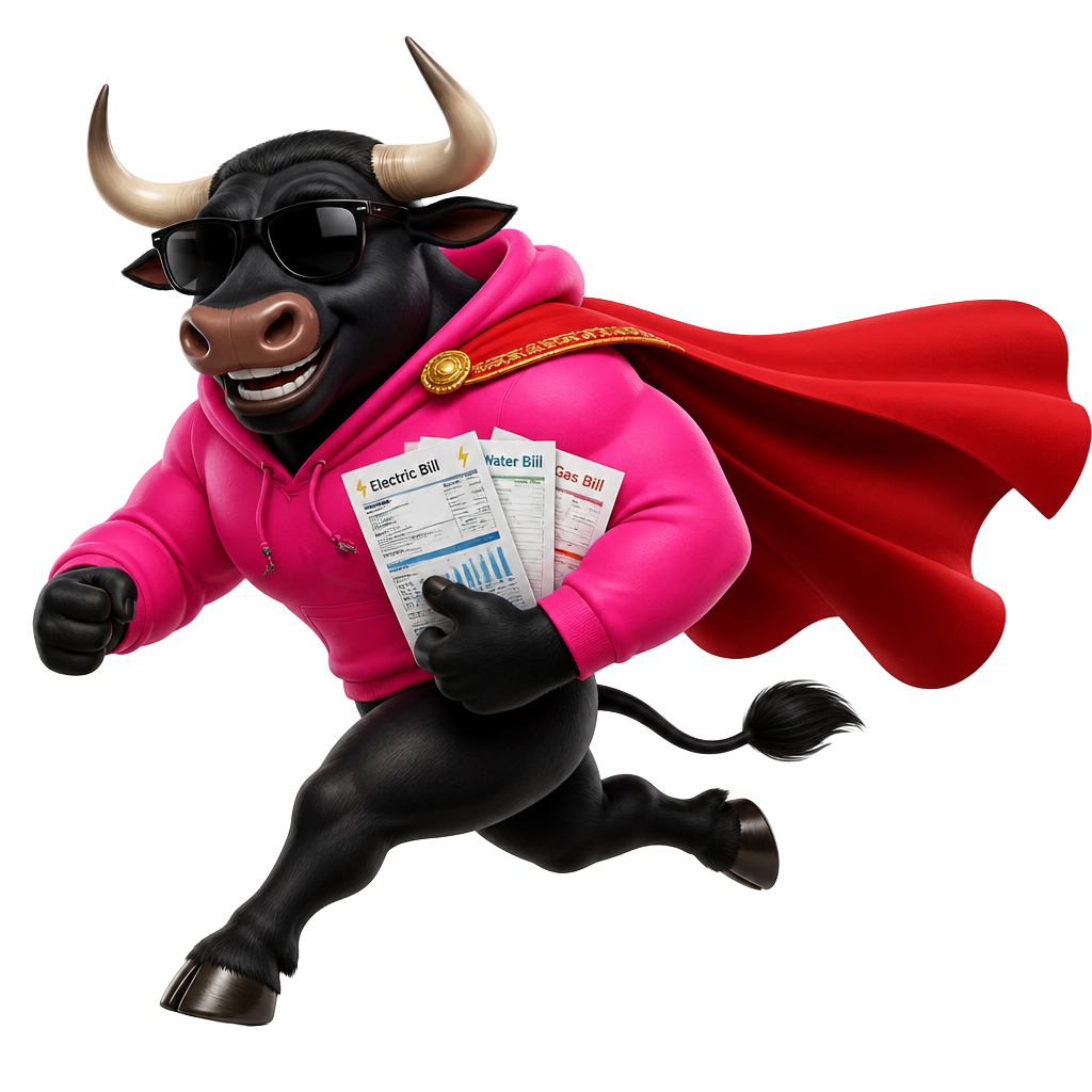 Toro the Billocks bull running with a fistful of bills